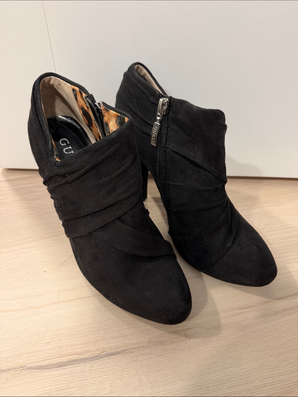 GUESS Black Suede Ruched Ankle Booties